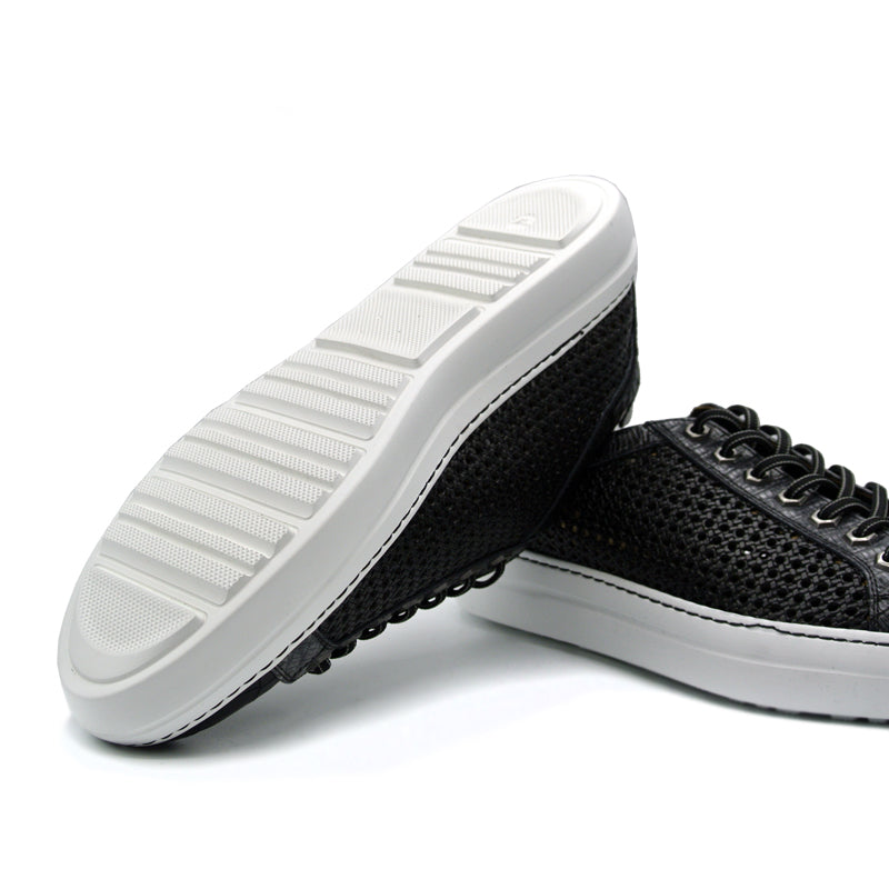 Vento Calfskin Side Weave & Embossed Croc Sneaker in Black by Zelli Italia