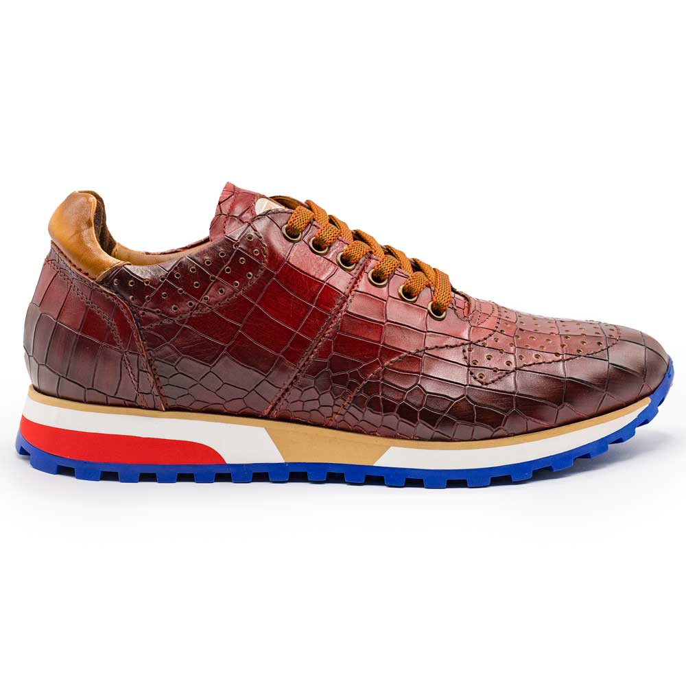 Mens Crocodile-Embossed Leather Mid-Top Sneaker, Red