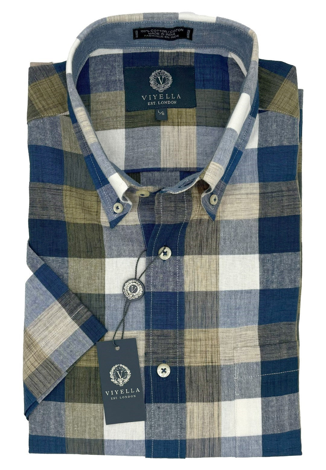 Cotton Madras Short Sleeve Cotton Sport Shirt in Blue and Green Plaid by Viyella
