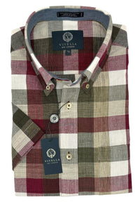 Cotton Madras Short Sleeve Cotton Sport Shirt in Burgundy, Sage, and Cream Plaid by Viyella