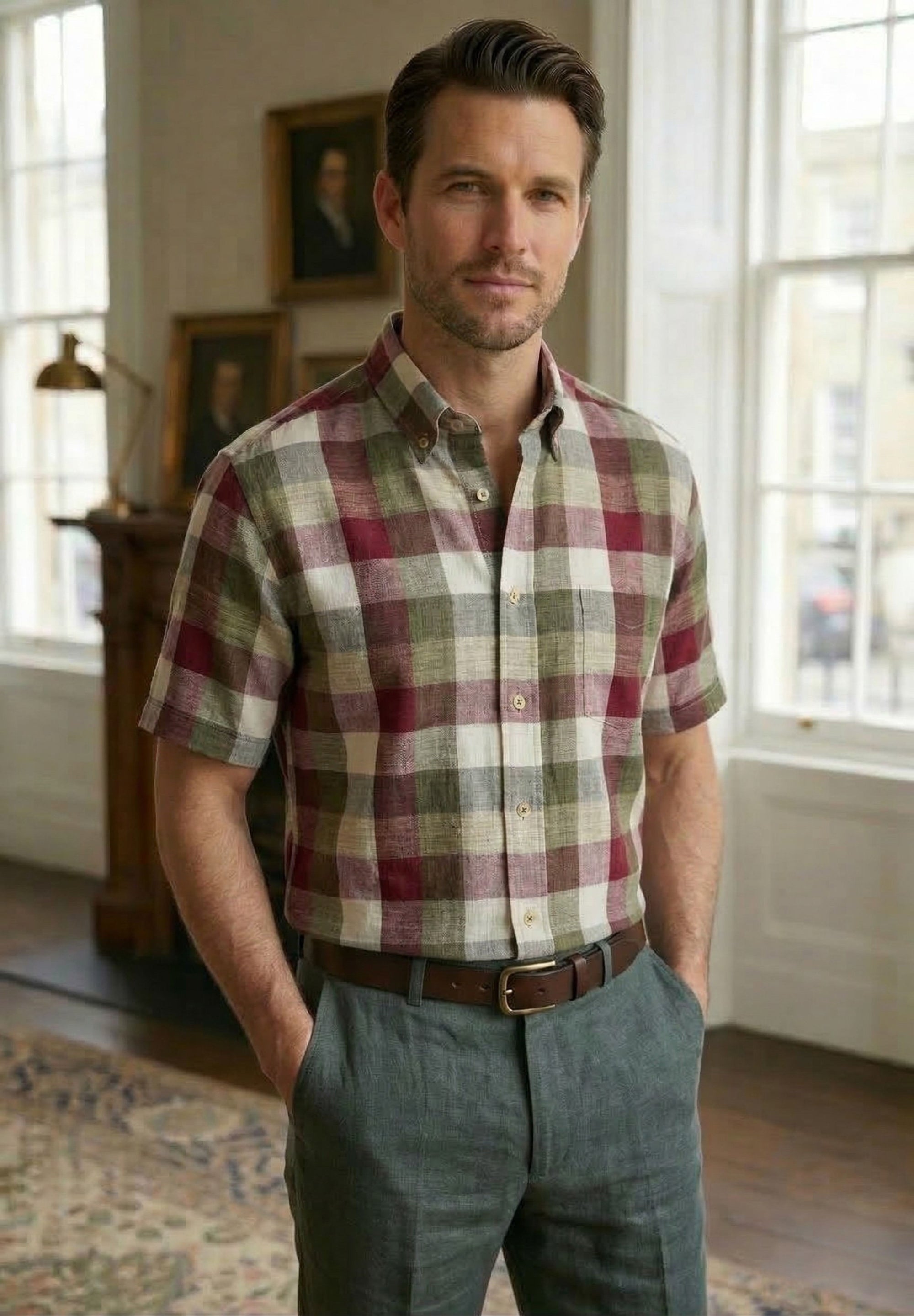 Cotton Madras Short Sleeve Cotton Sport Shirt in Burgundy, Sage, and Cream Plaid by Viyella