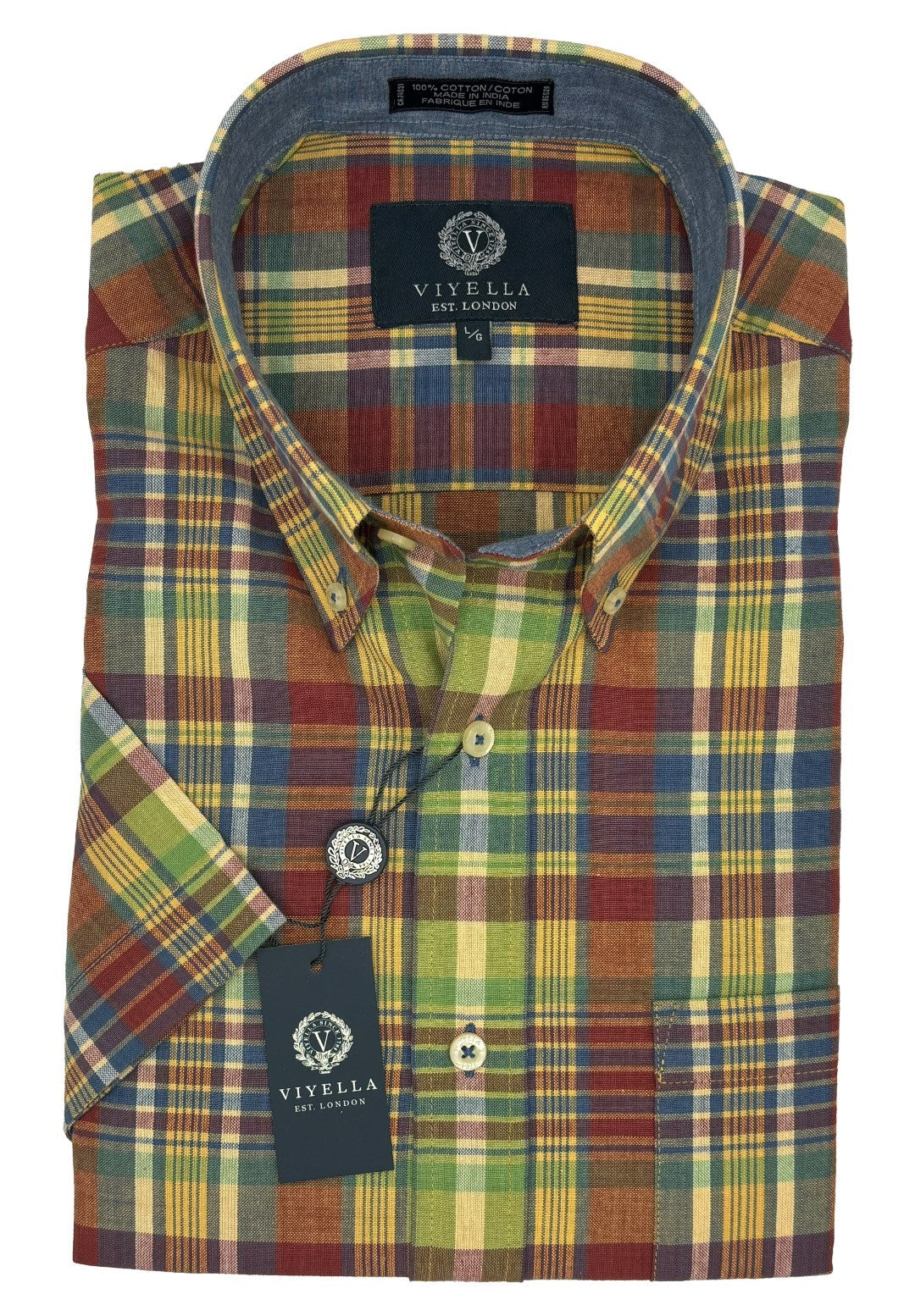Cotton Madras Short Sleeve Cotton Sport Shirt in Rust, Green, and Yellow Multi Plaid by Viyella
