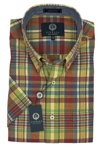 Cotton Madras Short Sleeve Cotton Sport Shirt in Rust, Green, and Yellow Multi Plaid by Viyella