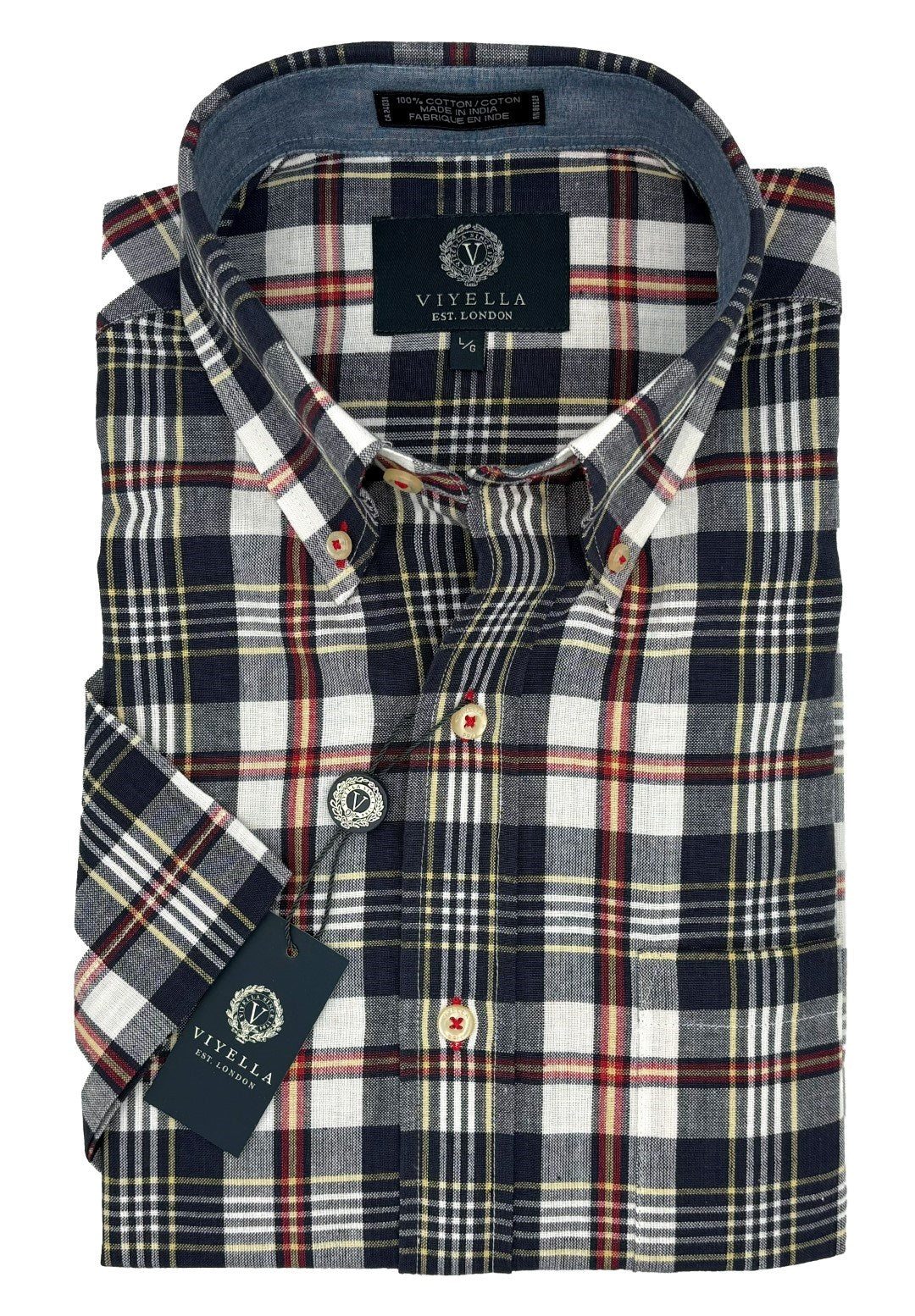 Cotton Madras Short Sleeve Cotton Sport Shirt in Navy, White, and Red Plaid by Viyella