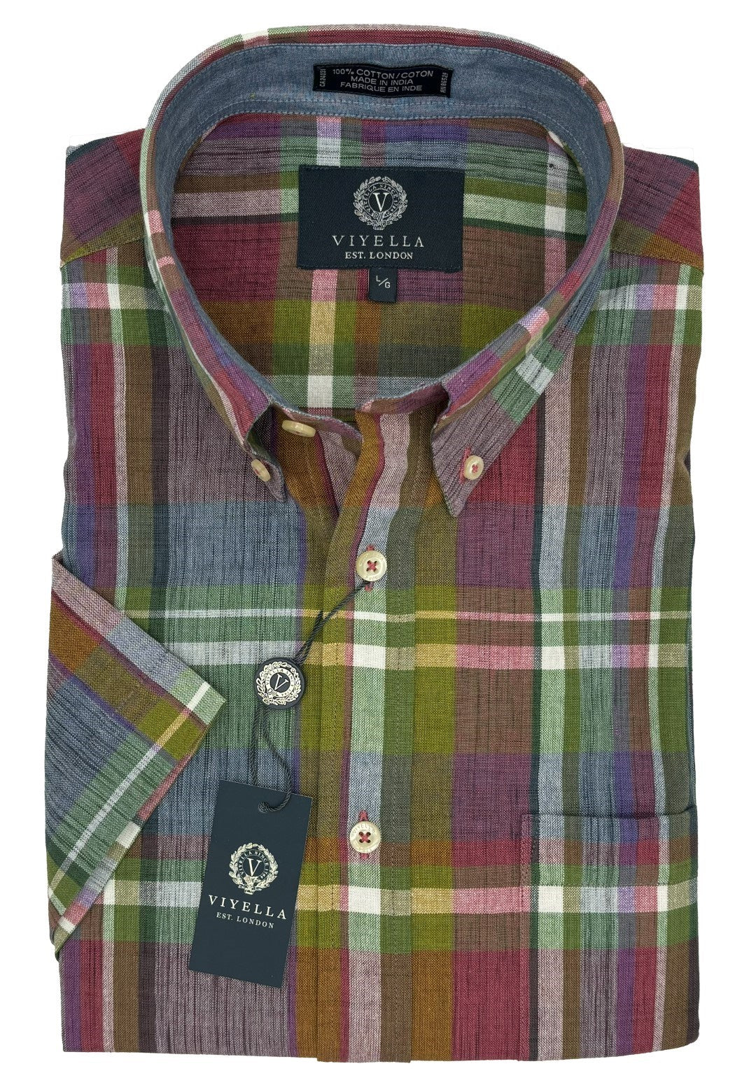 Cotton Madras Short Sleeve Cotton Sport Shirt in Signature Summer Multi Plaid by Viyella