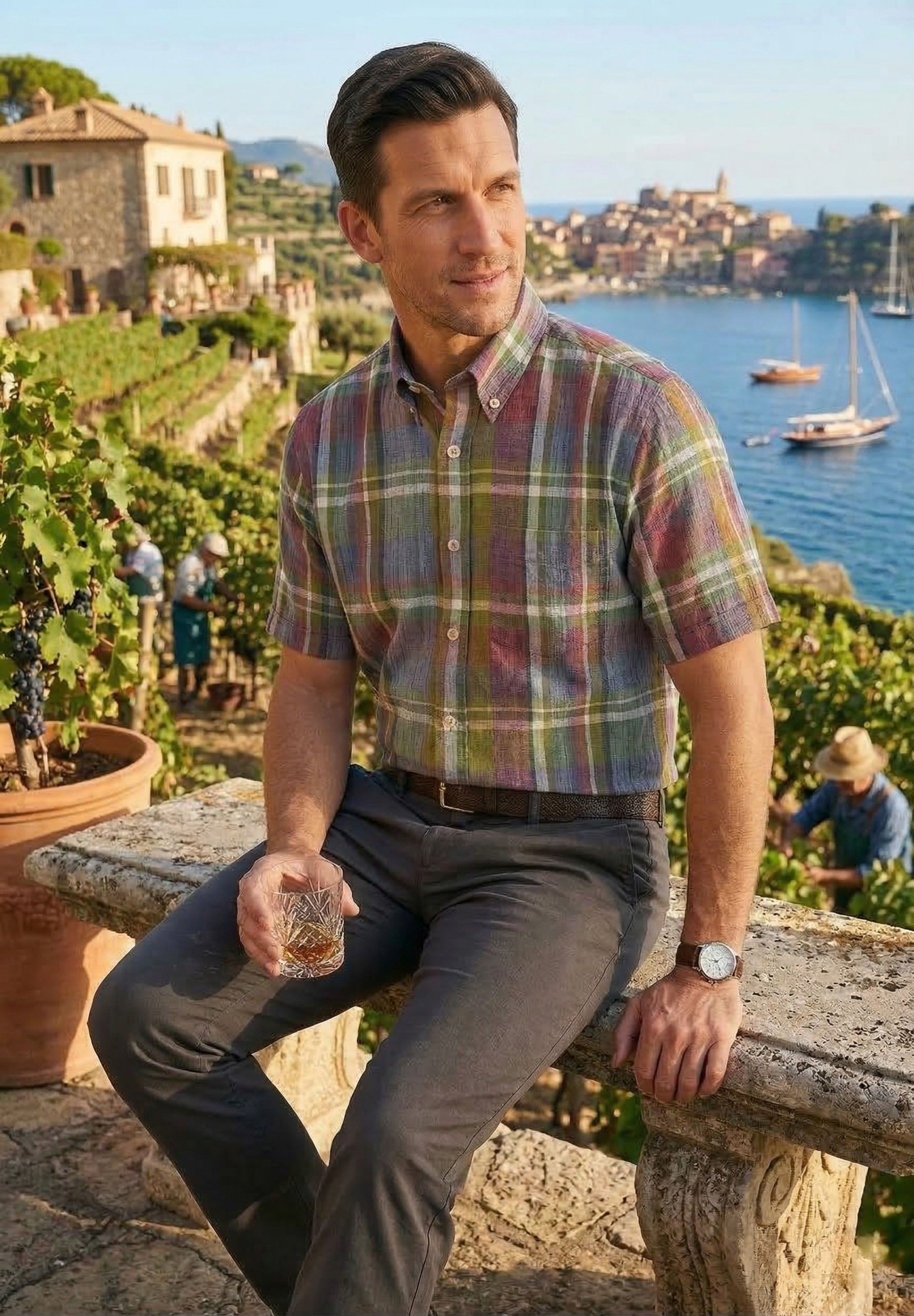 Cotton Madras Short Sleeve Cotton Sport Shirt in Signature Summer Multi Plaid by Viyella