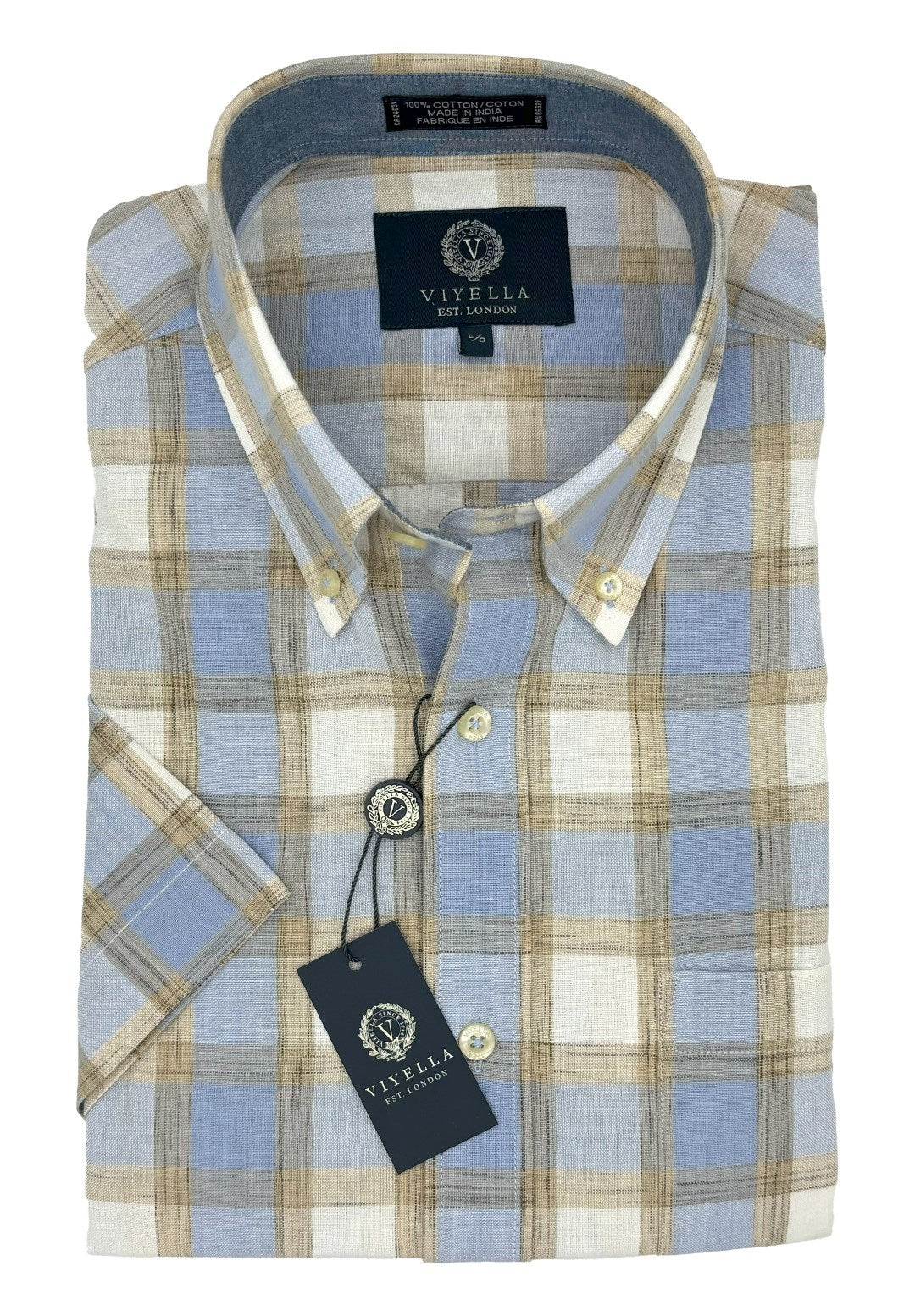 Cotton Madras Short Sleeve Cotton Sport Shirt in Blue and Sand Plaid by Viyella