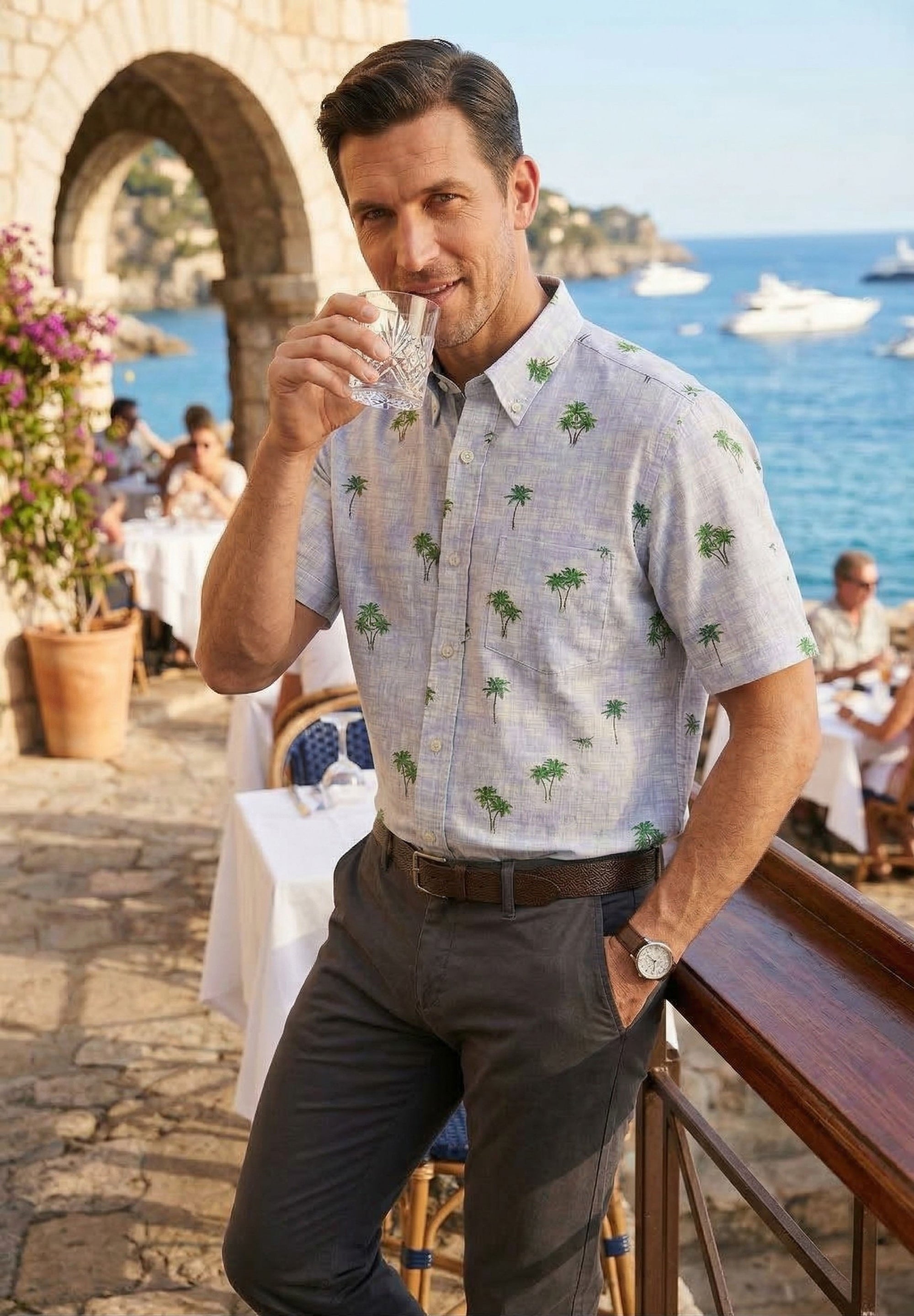 Cotton Madras Short Sleeve Cotton Sport Shirt in Light Blue Palm Print by Viyella