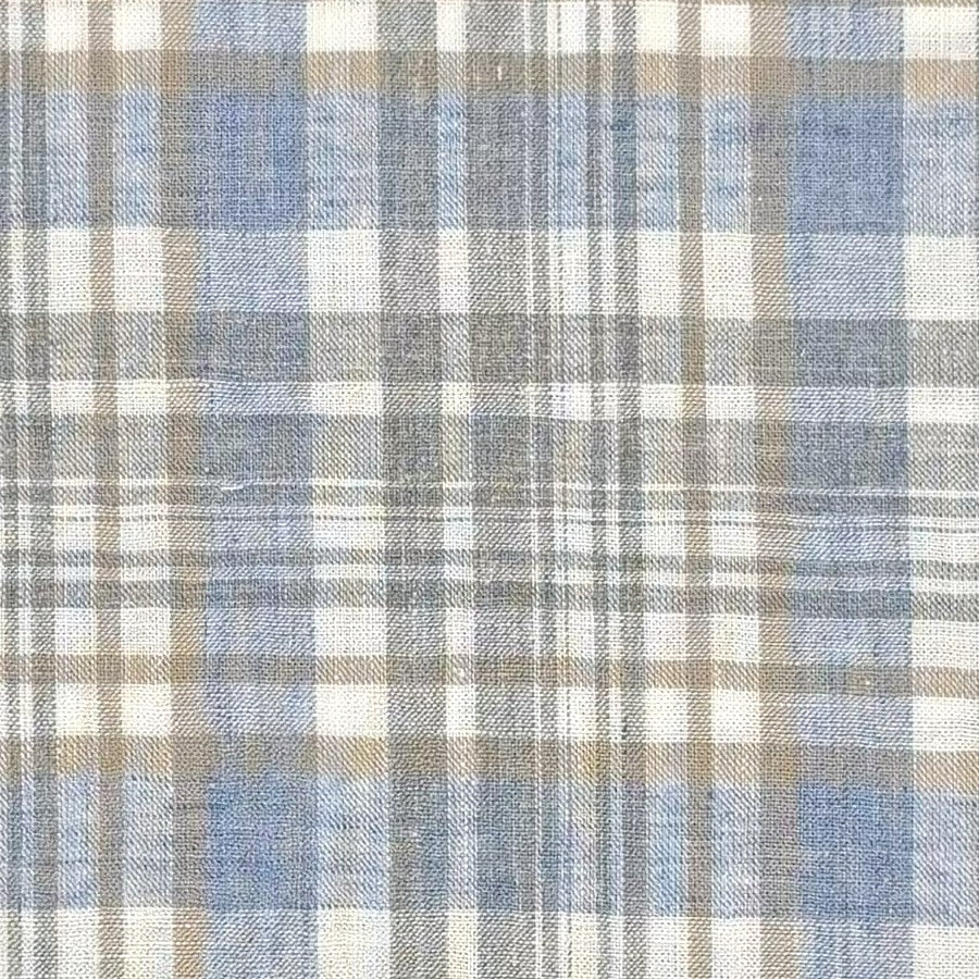 Blue, Grey, and Taupe Plaid Cotton and Linen Short Sleeve Sport Shirt by Viyella