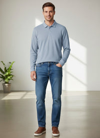 Long Sleeve Pima Cotton Twill Weave Polo in Chambray Blue by Viyella