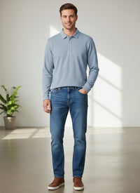 Long Sleeve Pima Cotton Twill Weave Polo in Chambray Blue by Viyella