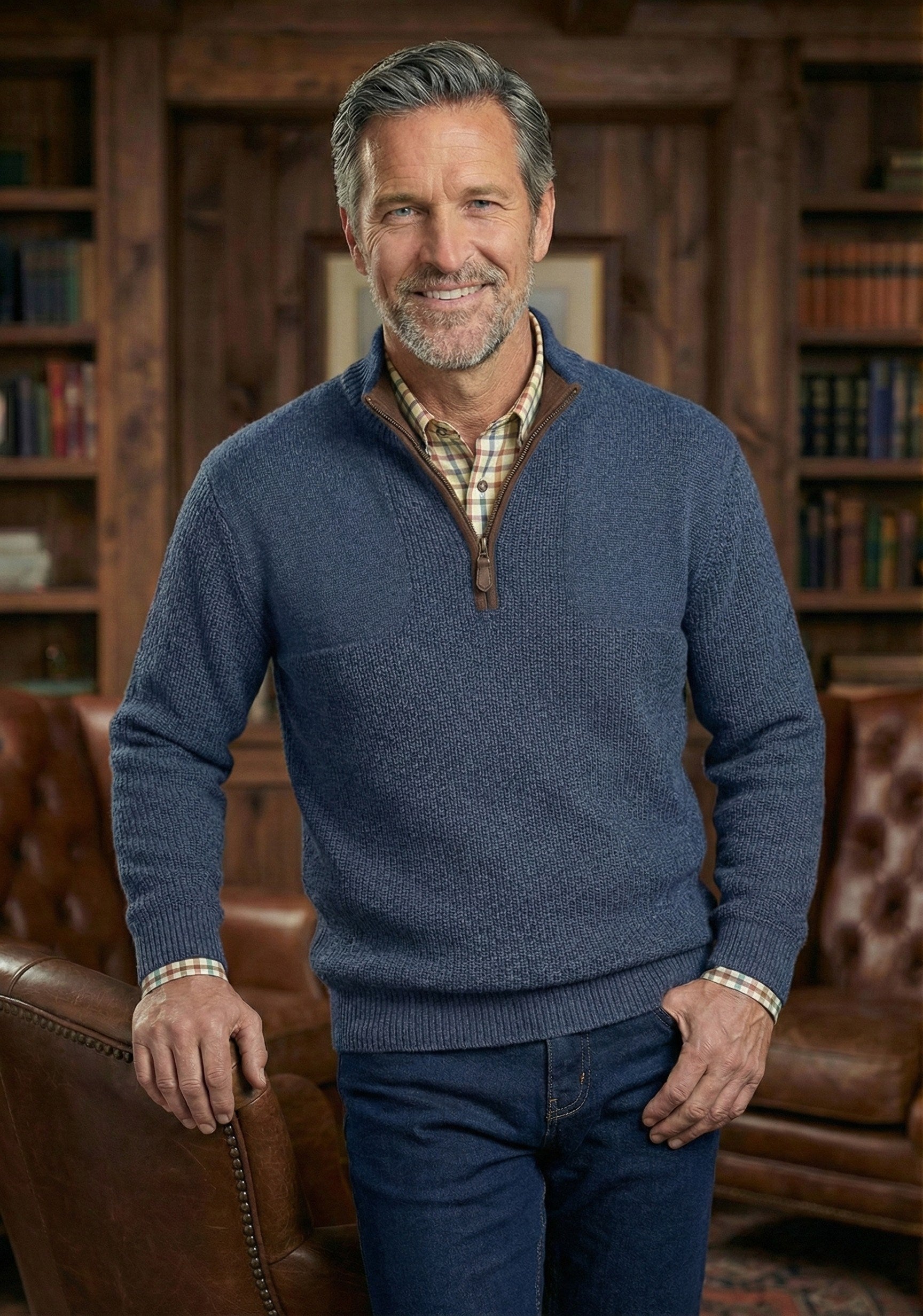 Woodsman Leather Trim Quarter-Zip Wool Blend Sweater in Indigo by Viyella