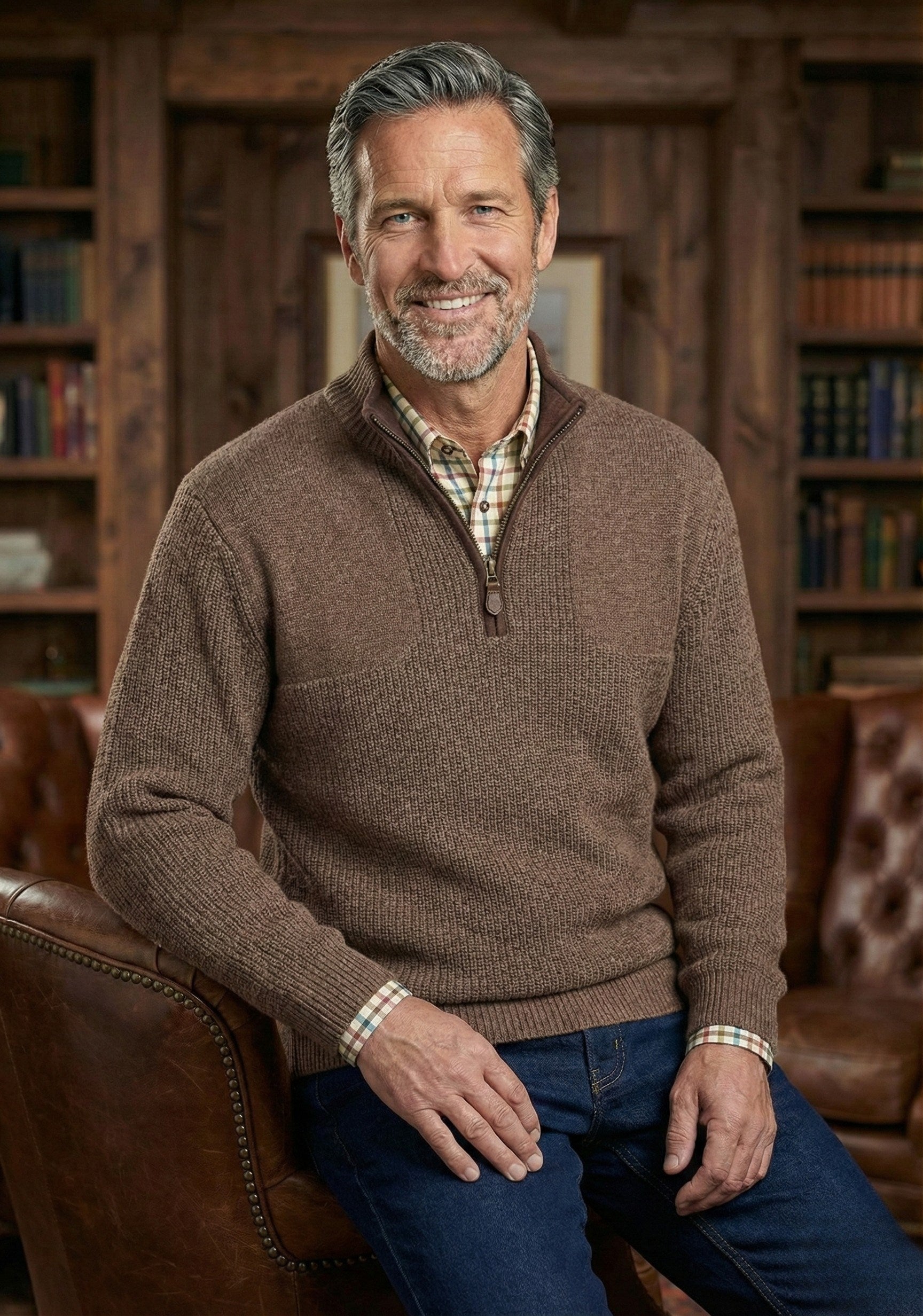 Woodsman Leather Trim Quarter-Zip Wool Blend Sweater in Cocoa by Viyella
