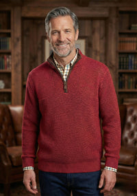Woodsman Leather Trim Quarter-Zip Wool Blend Sweater in Maple Leaf by Viyella