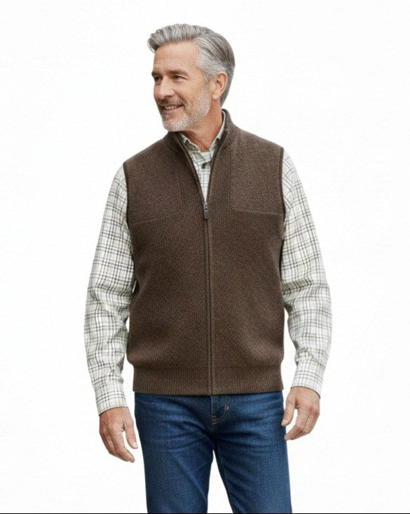 Woodsman Leather Trim Wool Blend Sleeveless Sweater Vest in Choice of Colors by Viyella