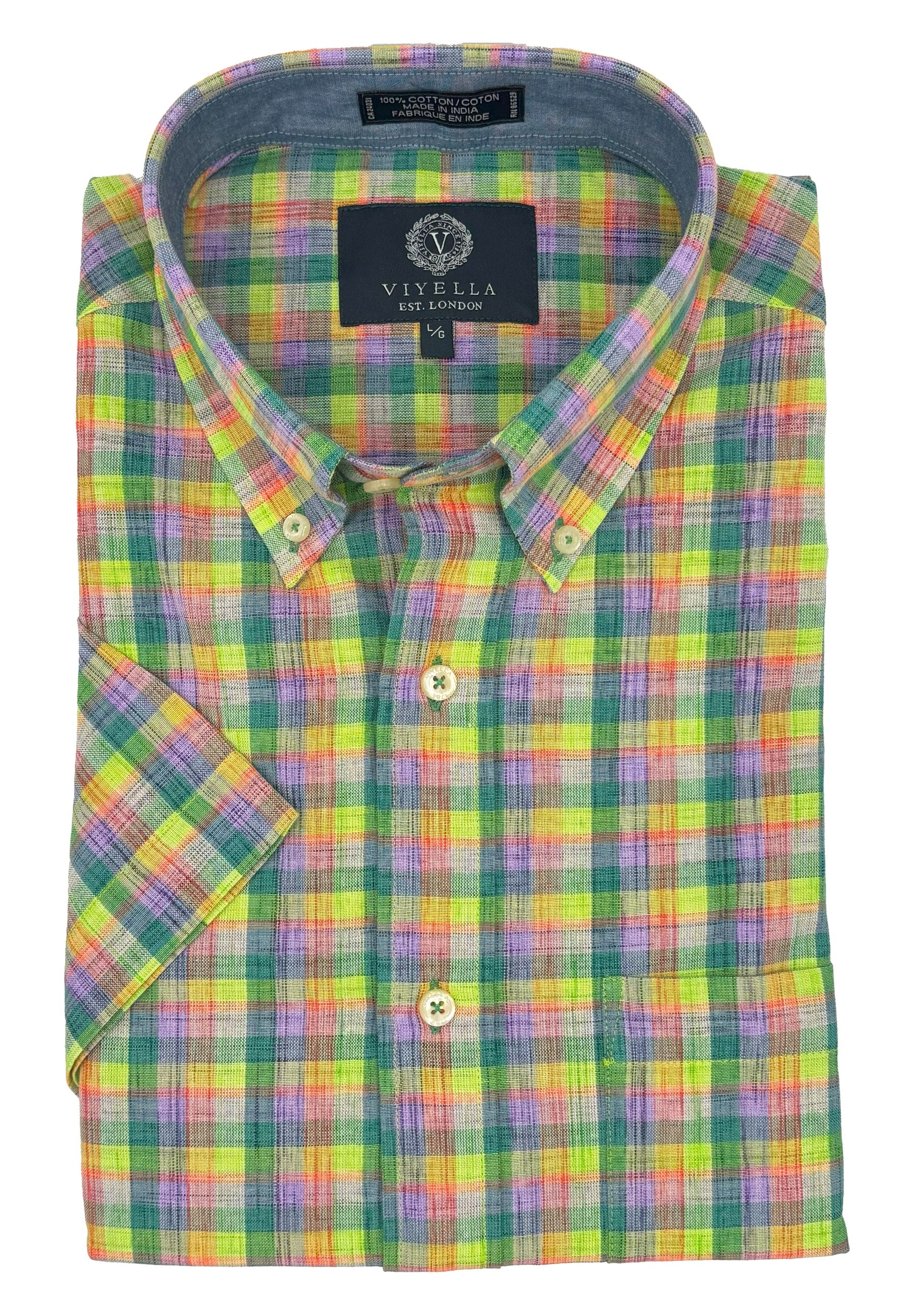 Cotton Madras Short Sleeve Cotton Sport Shirt in Bright Multi Plaid by Viyella