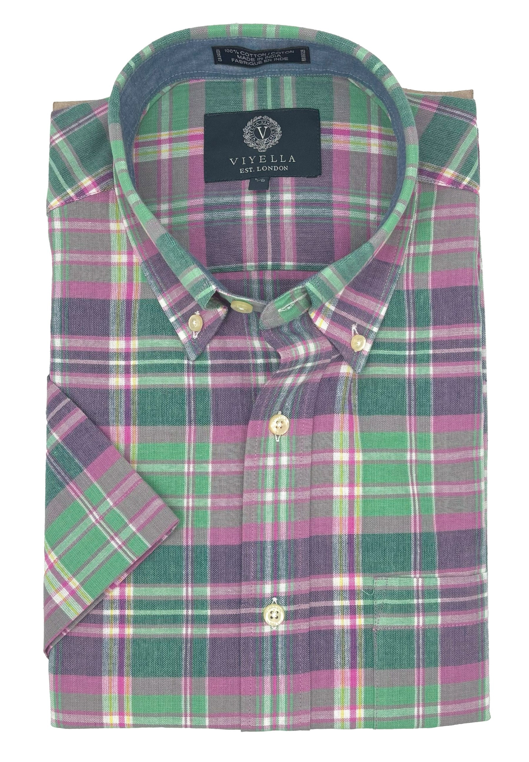 Cotton Madras Short Sleeve Cotton Sport Shirt in Garden Mauve Plaid by Viyella