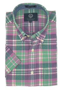 Cotton Madras Short Sleeve Cotton Sport Shirt in Garden Mauve Plaid by Viyella