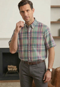 Cotton Madras Short Sleeve Cotton Sport Shirt in Garden Mauve Plaid by Viyella