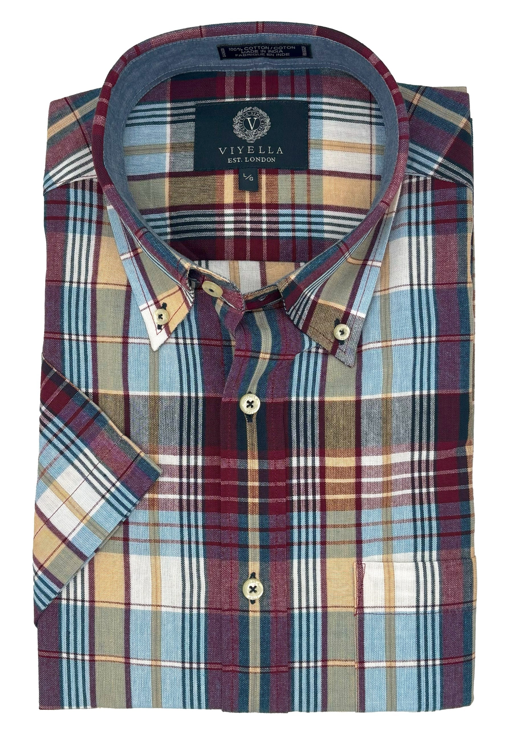 Cotton Madras Short Sleeve Cotton Sport Shirt in Burgundy and Blue Plaid by Viyella