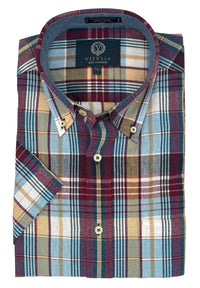 Cotton Madras Short Sleeve Cotton Sport Shirt in Burgundy and Blue Plaid by Viyella