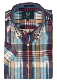Cotton Madras Short Sleeve Cotton Sport Shirt in Burgundy and Blue Plaid by Viyella