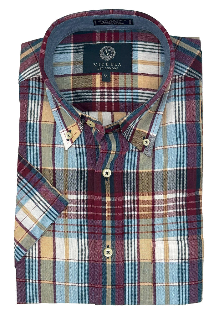 Cotton Madras Short Sleeve Cotton Sport Shirt in Burgundy and Blue Plaid by Viyella