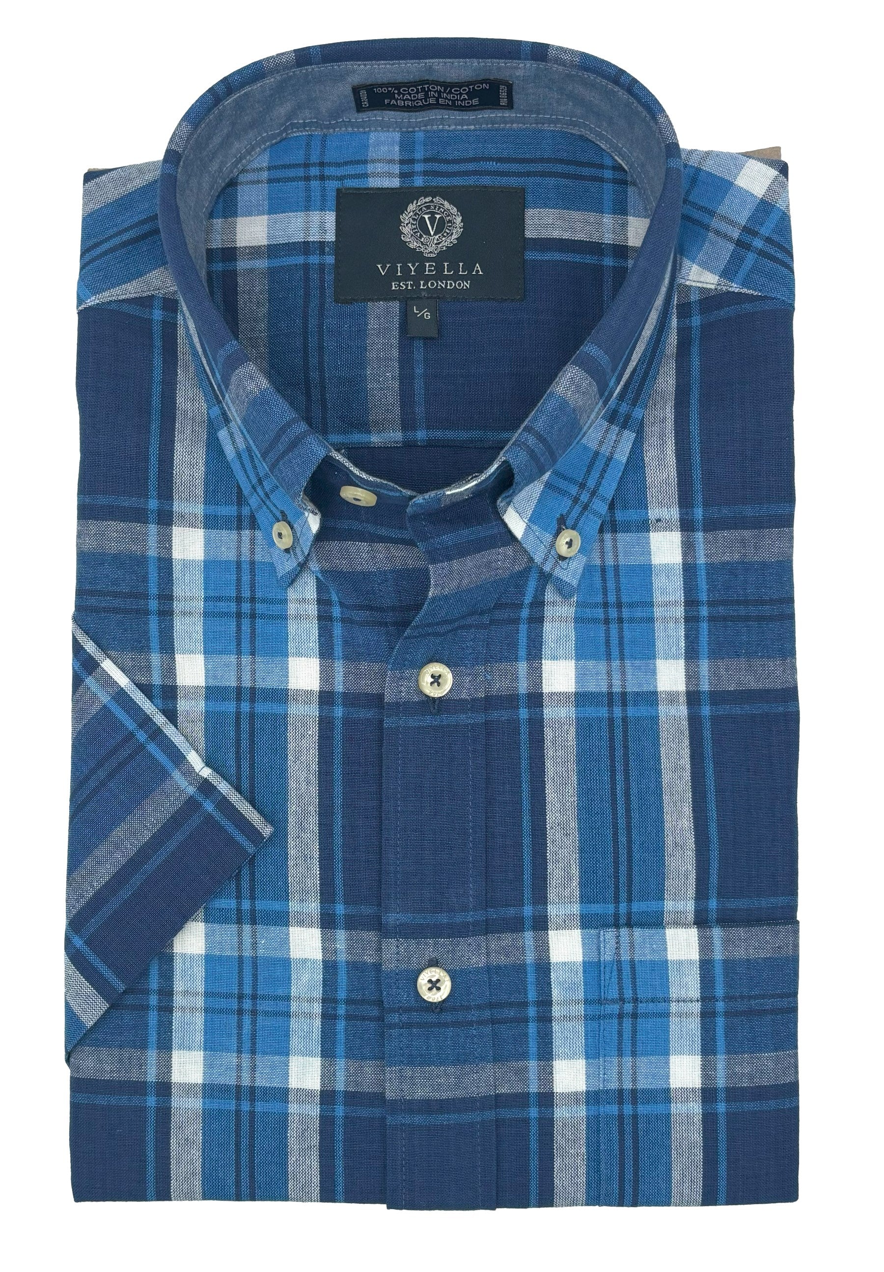 Cotton Madras Short Sleeve Cotton Sport Shirt in Navy Plaid by Viyella
