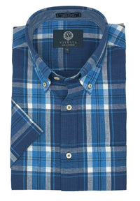 Cotton Madras Short Sleeve Cotton Sport Shirt in Navy Plaid by Viyella