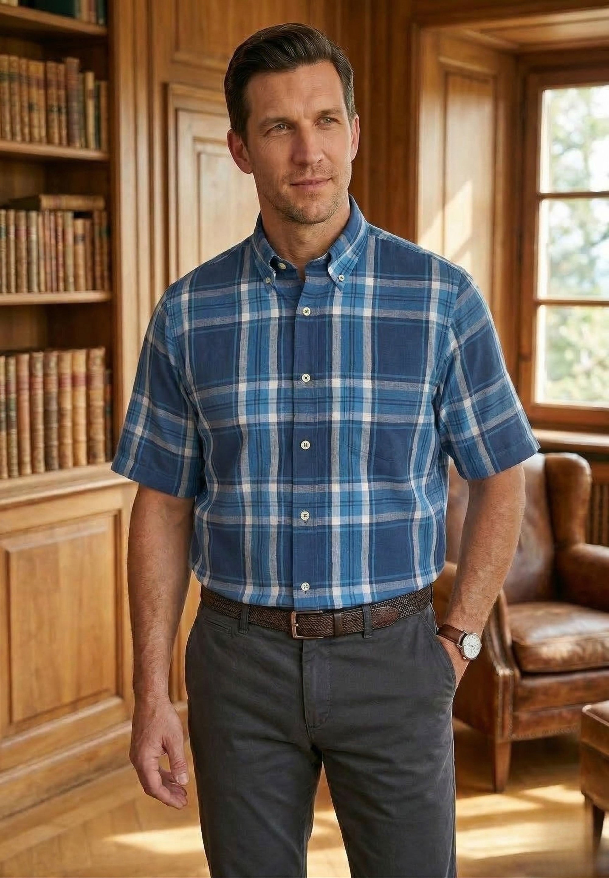 Cotton Madras Short Sleeve Cotton Sport Shirt in Navy Plaid by Viyella