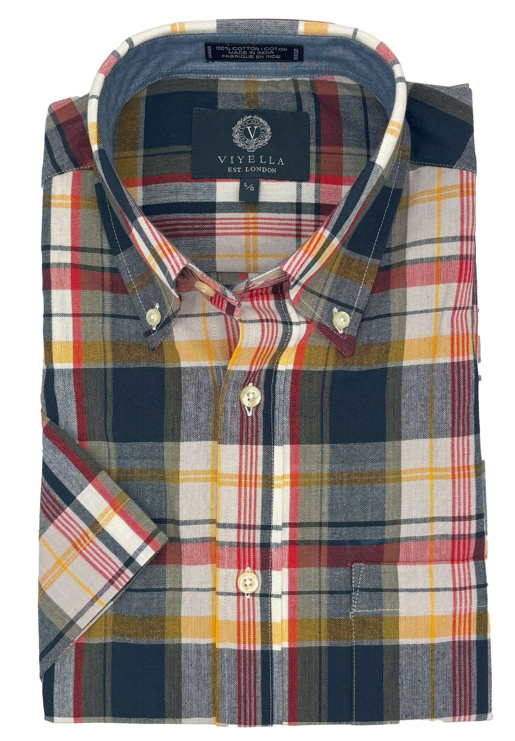 Cotton Madras Short Sleeve Cotton Sport Shirt in Orange and Navy Plaid by Viyella