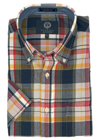 Cotton Madras Short Sleeve Cotton Sport Shirt in Orange and Navy Plaid by Viyella