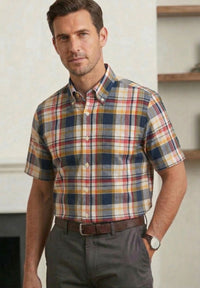Cotton Madras Short Sleeve Cotton Sport Shirt in Orange and Navy Plaid by Viyella