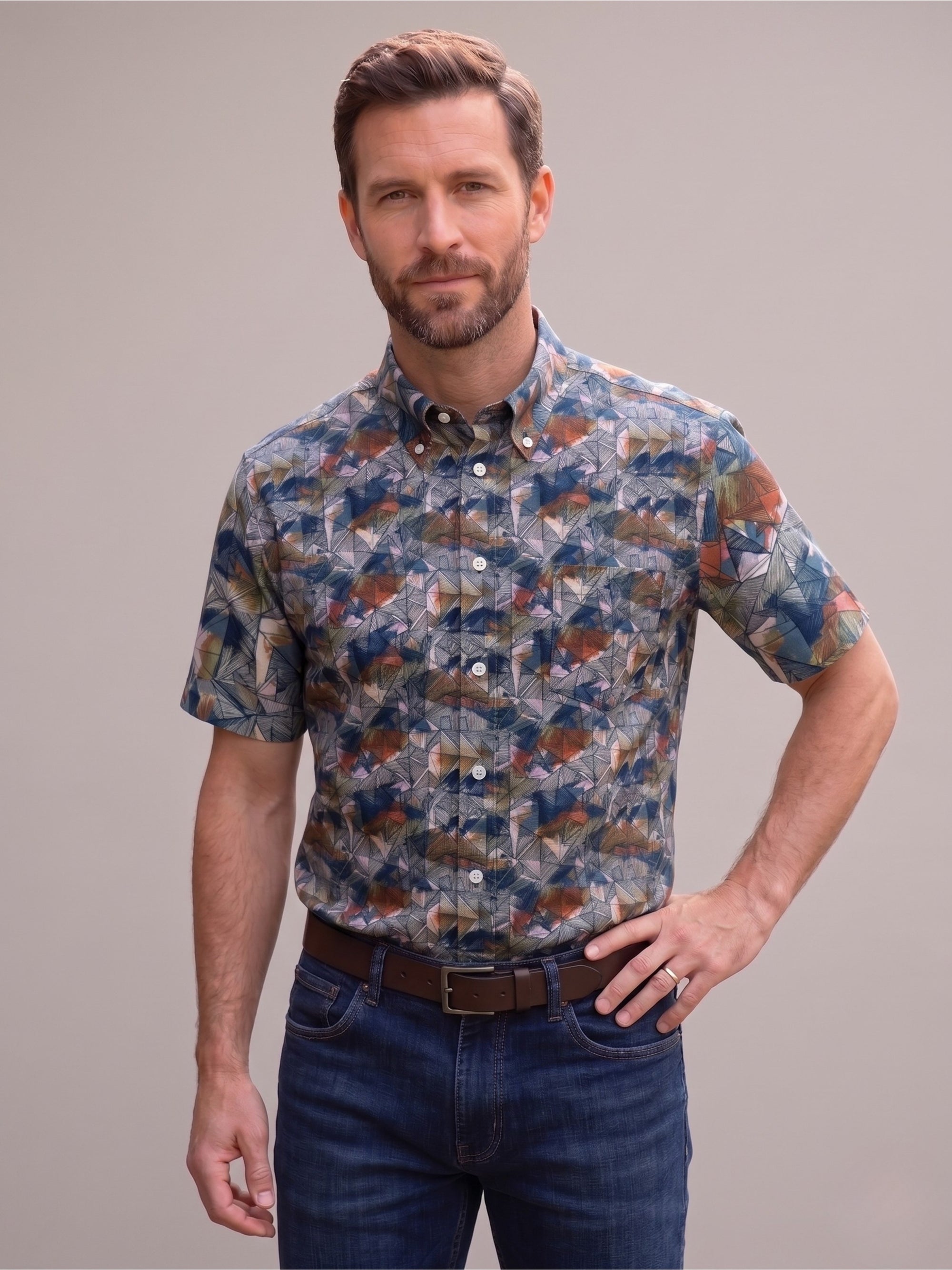 Geometric Tropical Stretch Cotton Short Sleeve Sport Shirt by Viyella