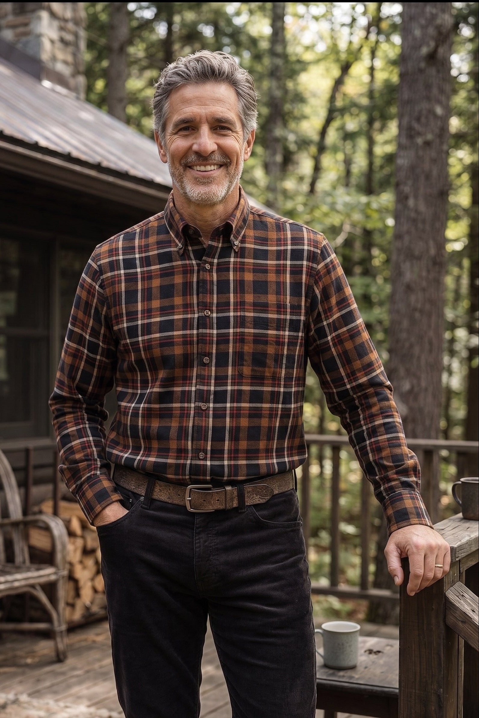 Brown Fall Multi Plaid Cotton and Wool Blend Button-Down Shirt by Viyella