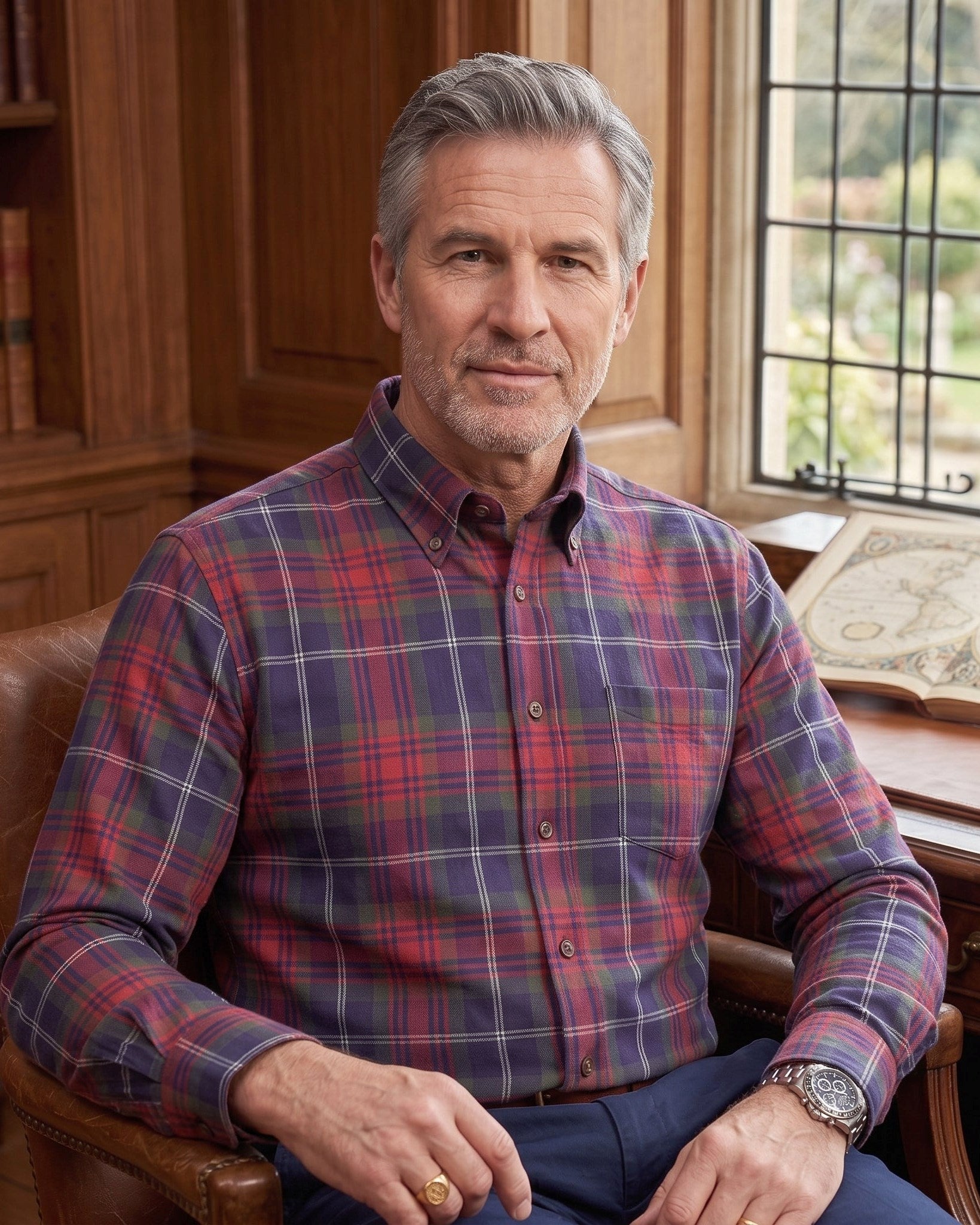 Red, Blue, and Green Plaid Cotton and Wool Blend Button-Down Shirt by Viyella