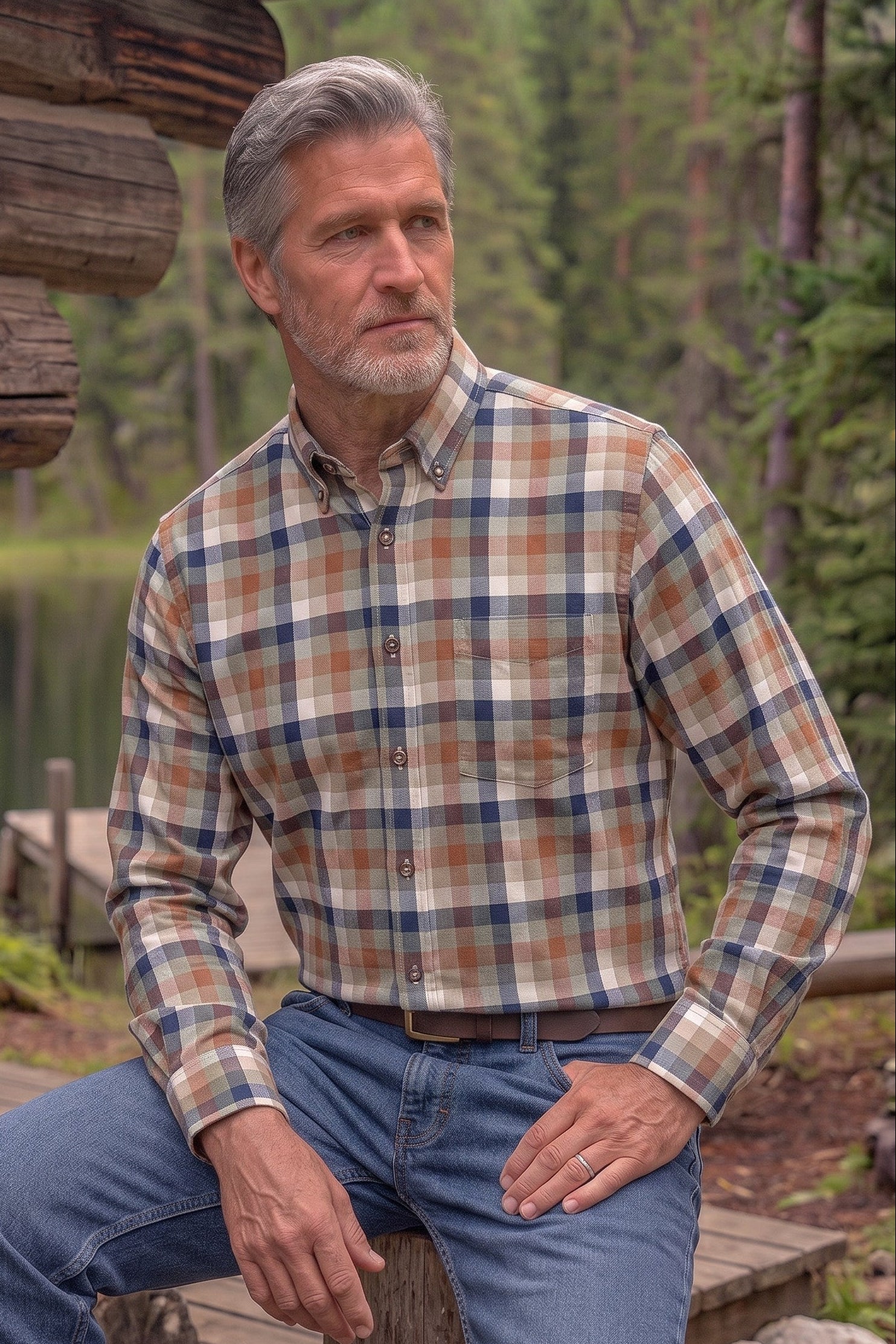 Sage, Rust, and Denim Blue Check Cotton and Wool Blend Button-Down Shirt by Viyella