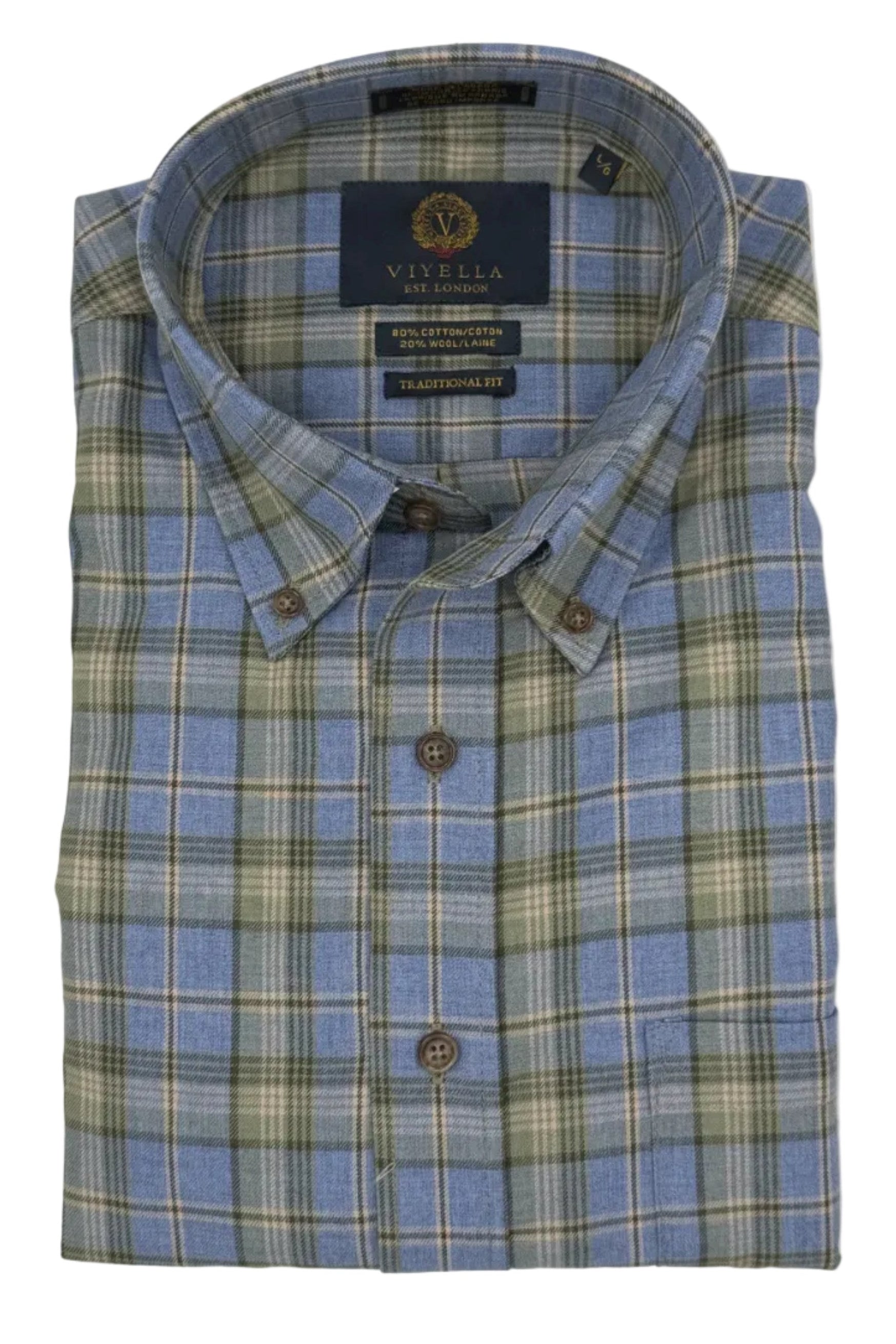 Chambray Blue and Sage Plaid Cotton and Wool Blend Button-Down Shirt by Viyella