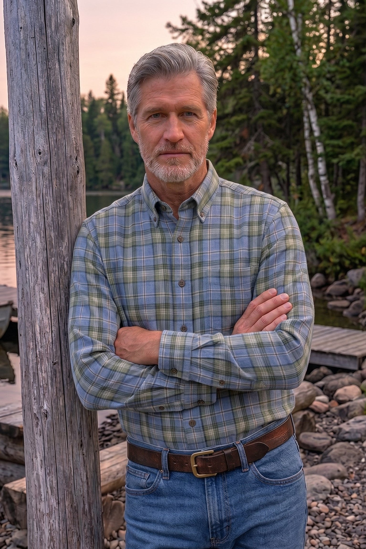 Chambray Blue and Sage Plaid Cotton and Wool Blend Button-Down Shirt by Viyella