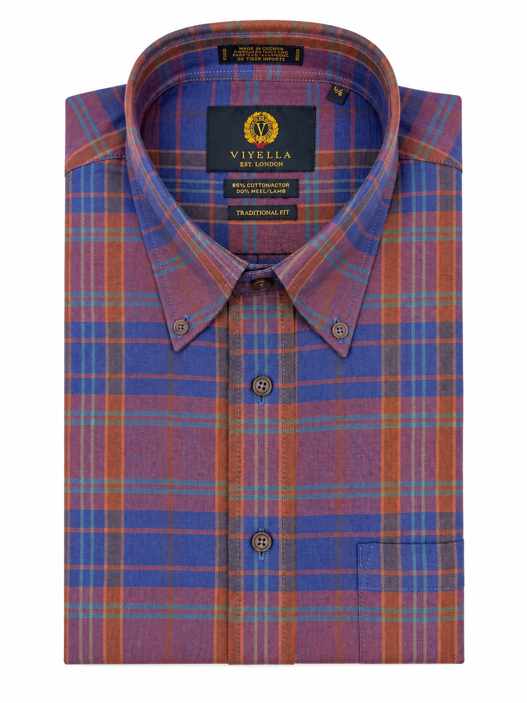 Mauve, Blue, and Rust Plaid Cotton and Wool Blend Button-Down Shirt by Viyella