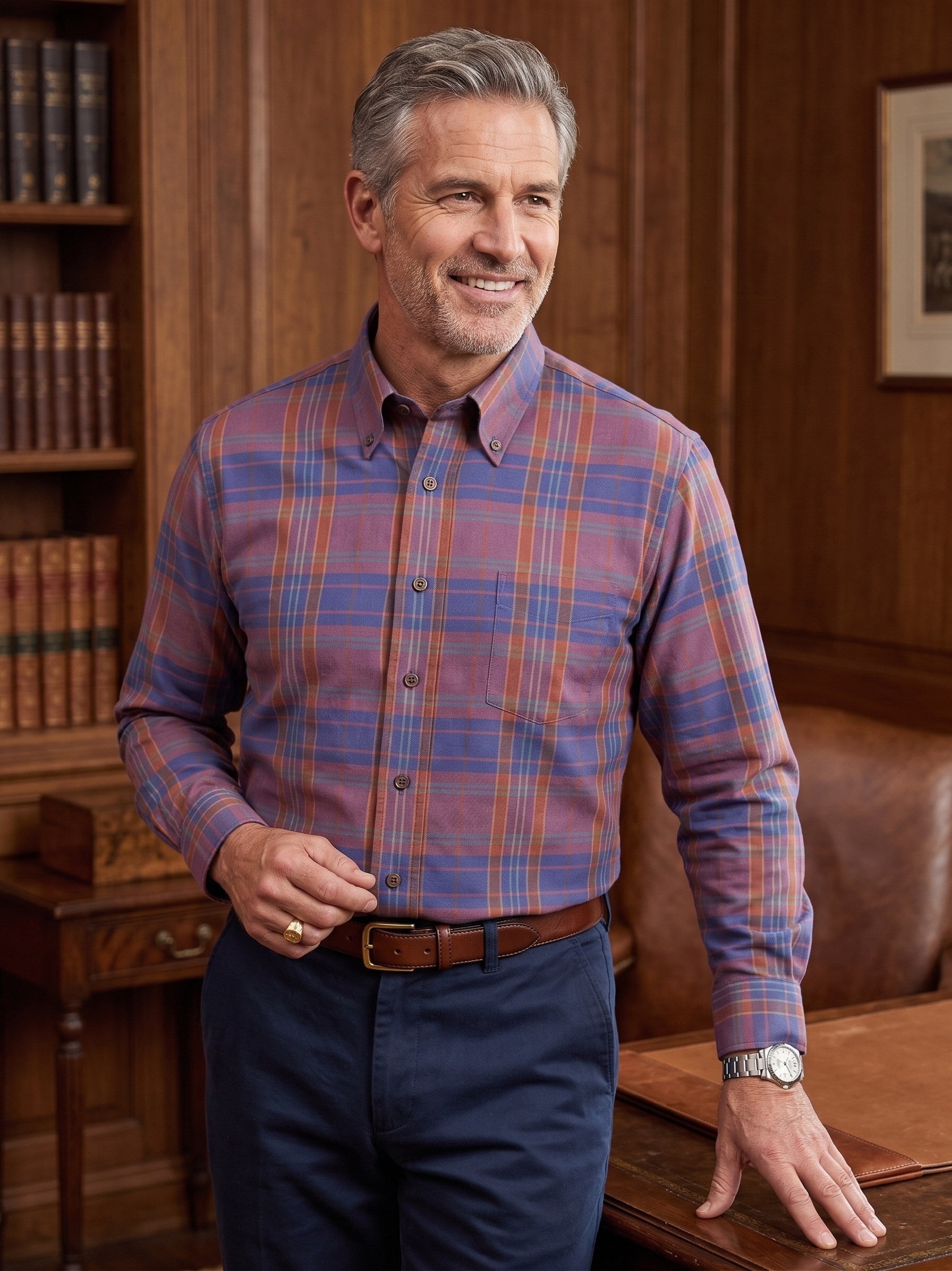 Mauve, Blue, and Rust Plaid Cotton and Wool Blend Button-Down Shirt by Viyella