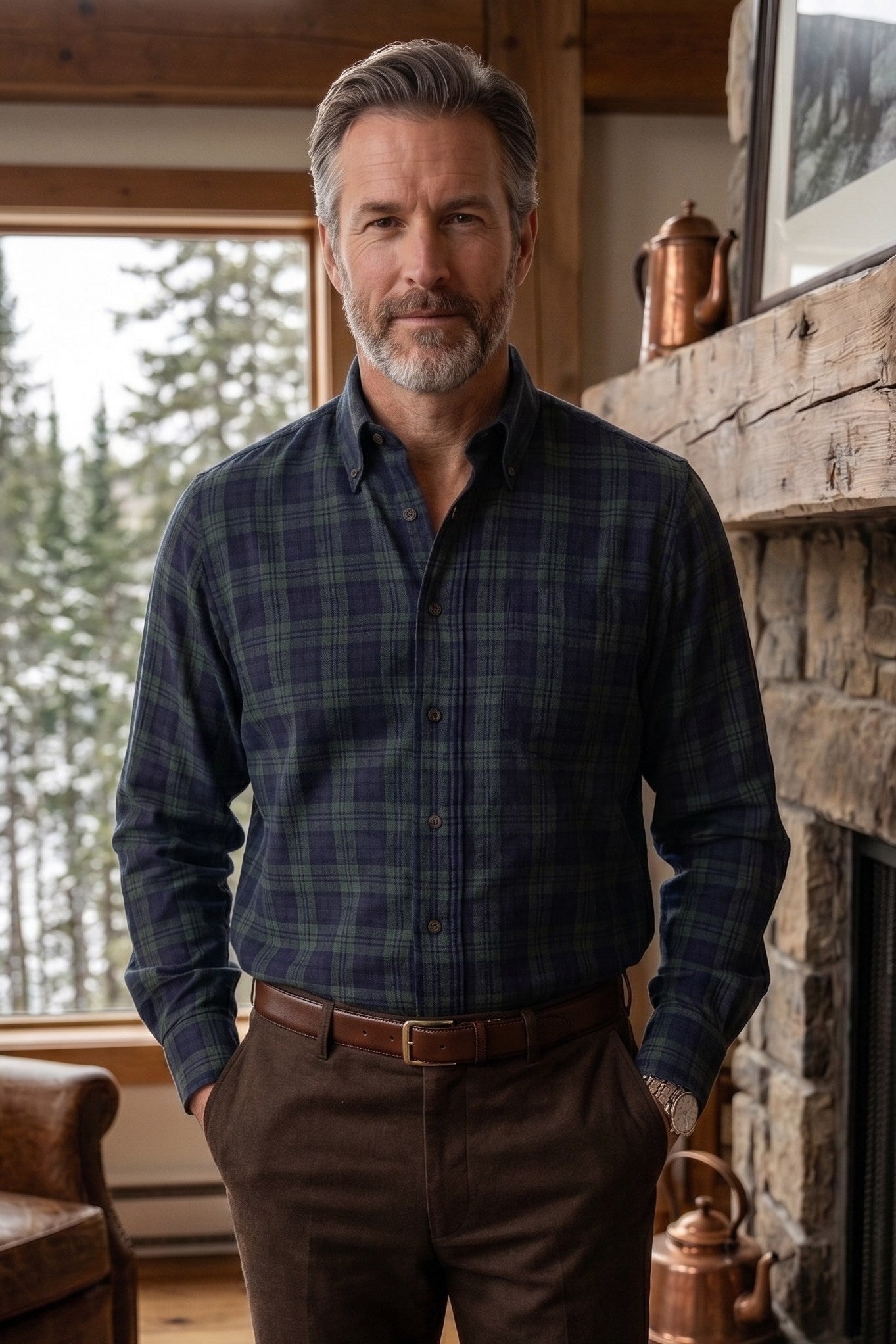Navy and Forest Plaid Cotton and Wool Blend Button-Down Shirt by Viyella