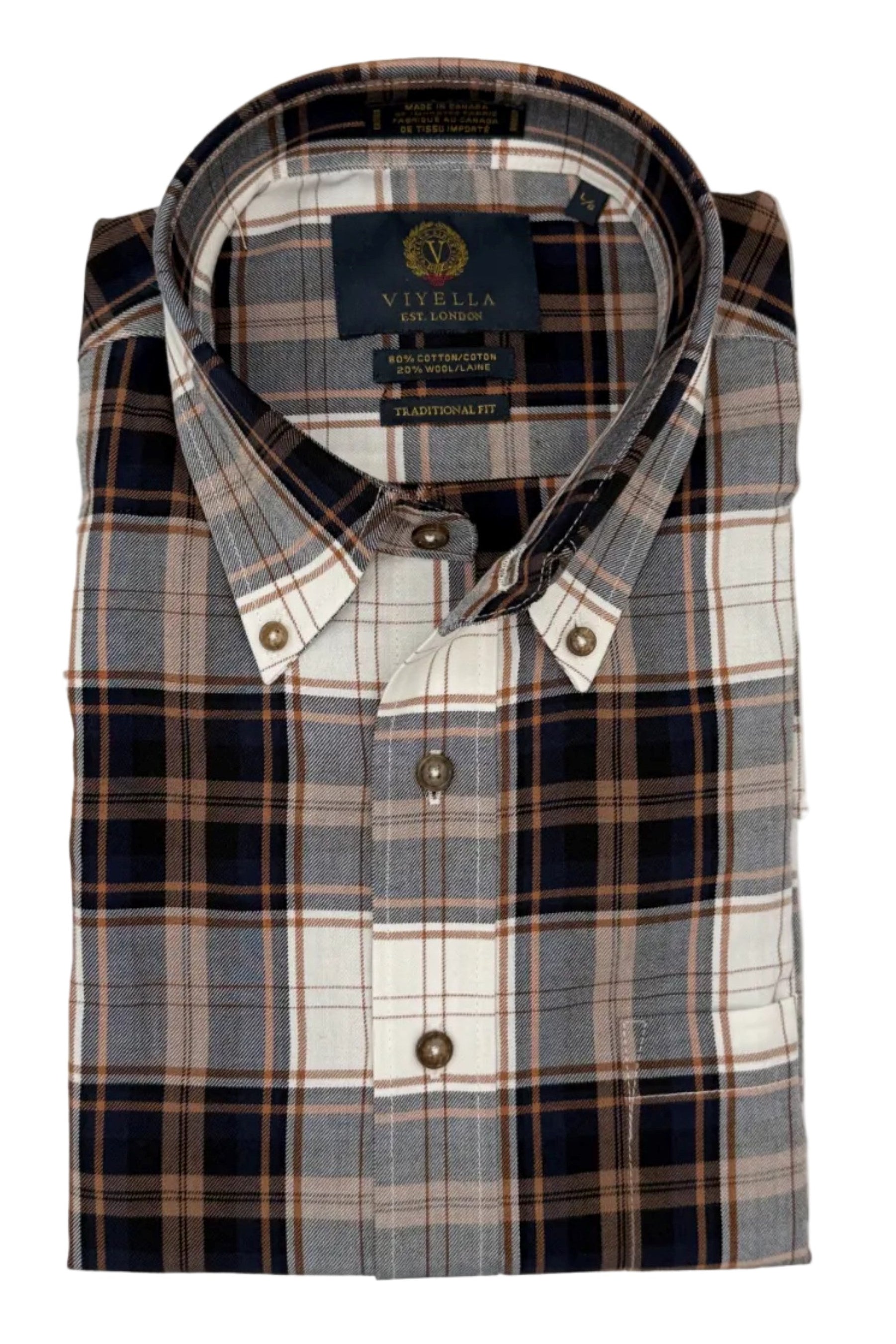 Black, Tan, and Winter White Plaid Cotton and Wool Blend Button-Down Shirt by Viyella