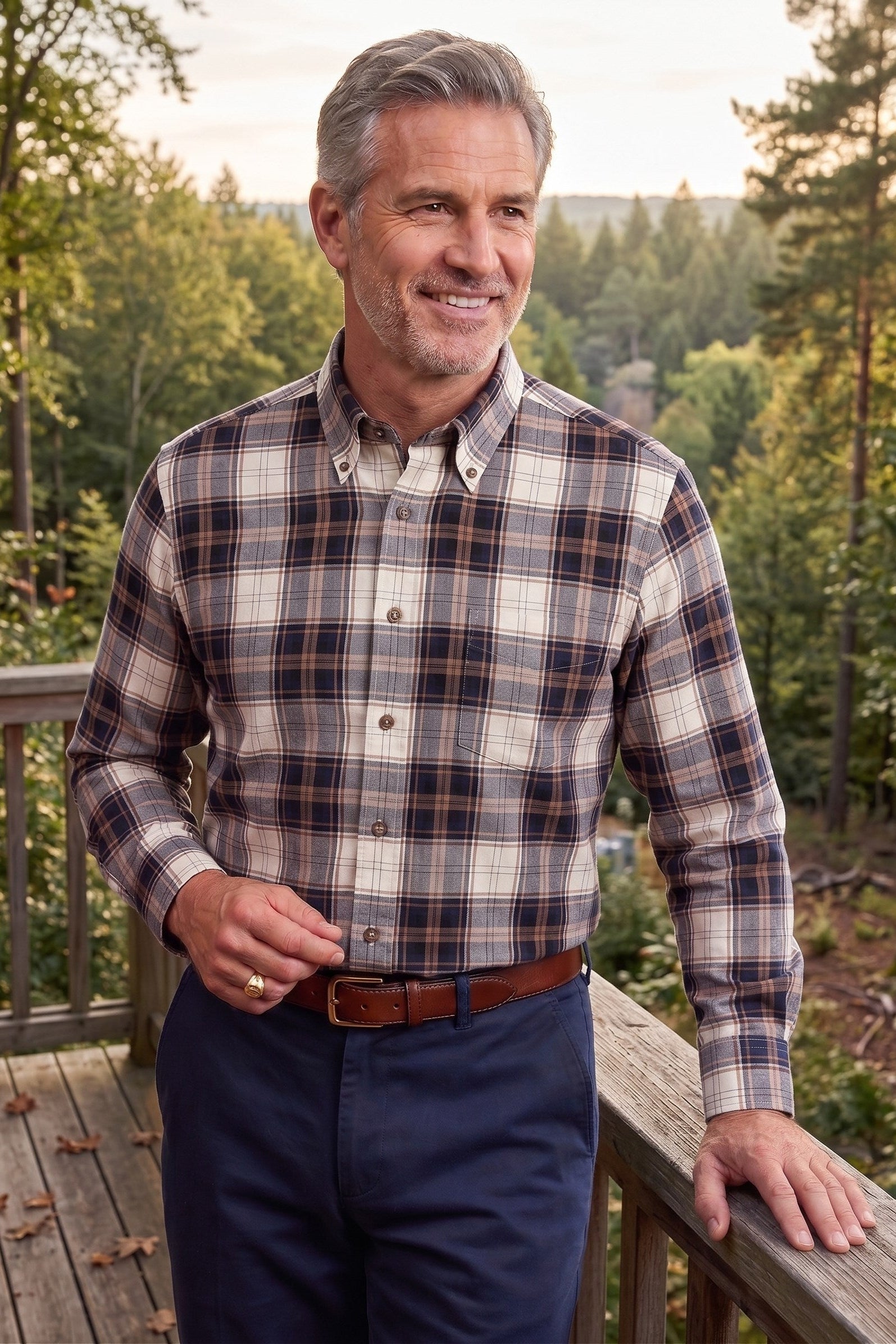 Black, Tan, and Winter White Plaid Cotton and Wool Blend Button-Down Shirt by Viyella