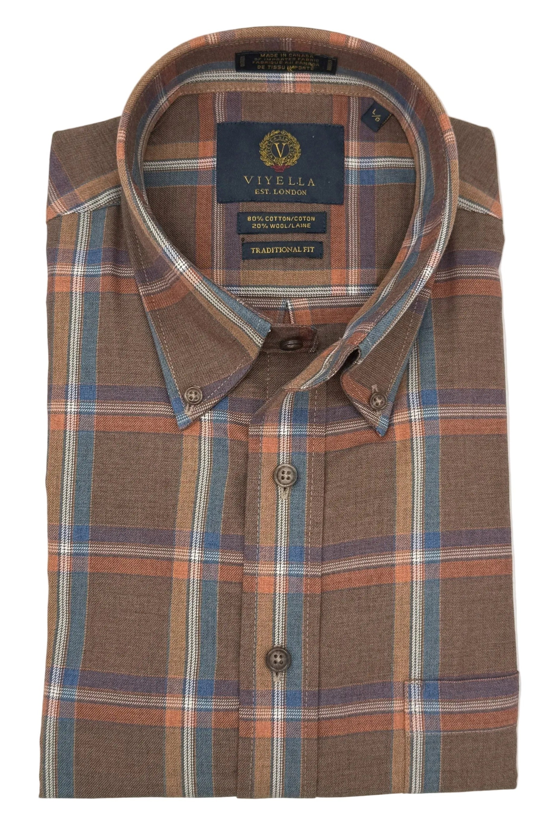 Pecan Brown Multi Plaid Cotton and Wool Blend Button-Down Shirt by Viyella