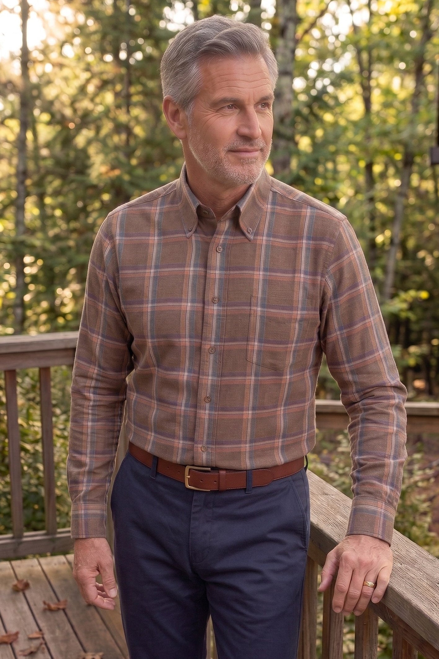 Pecan Brown Multi Plaid Cotton and Wool Blend Button-Down Shirt by Viyella