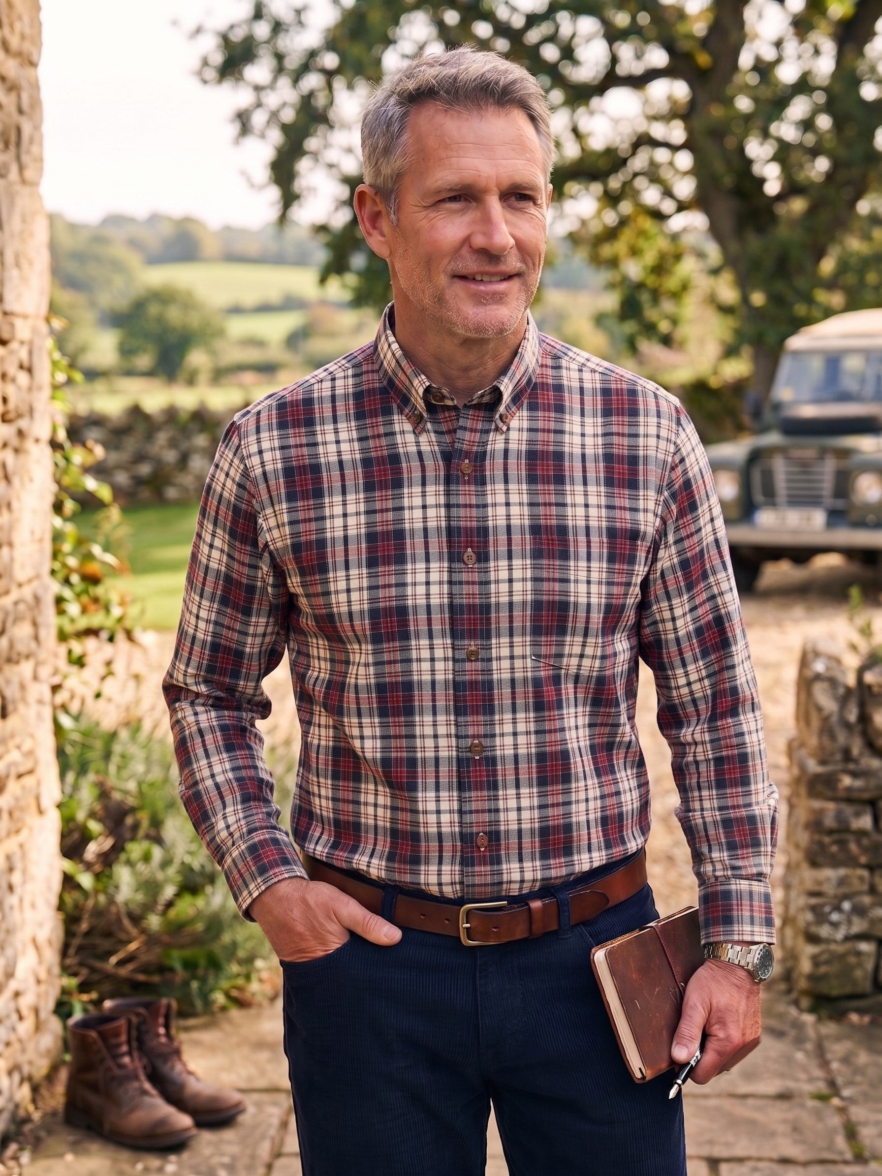Red, Navy, Green, and Winter White Multi Plaid Cotton and Wool Blend Button-Down Shirt by Viyella