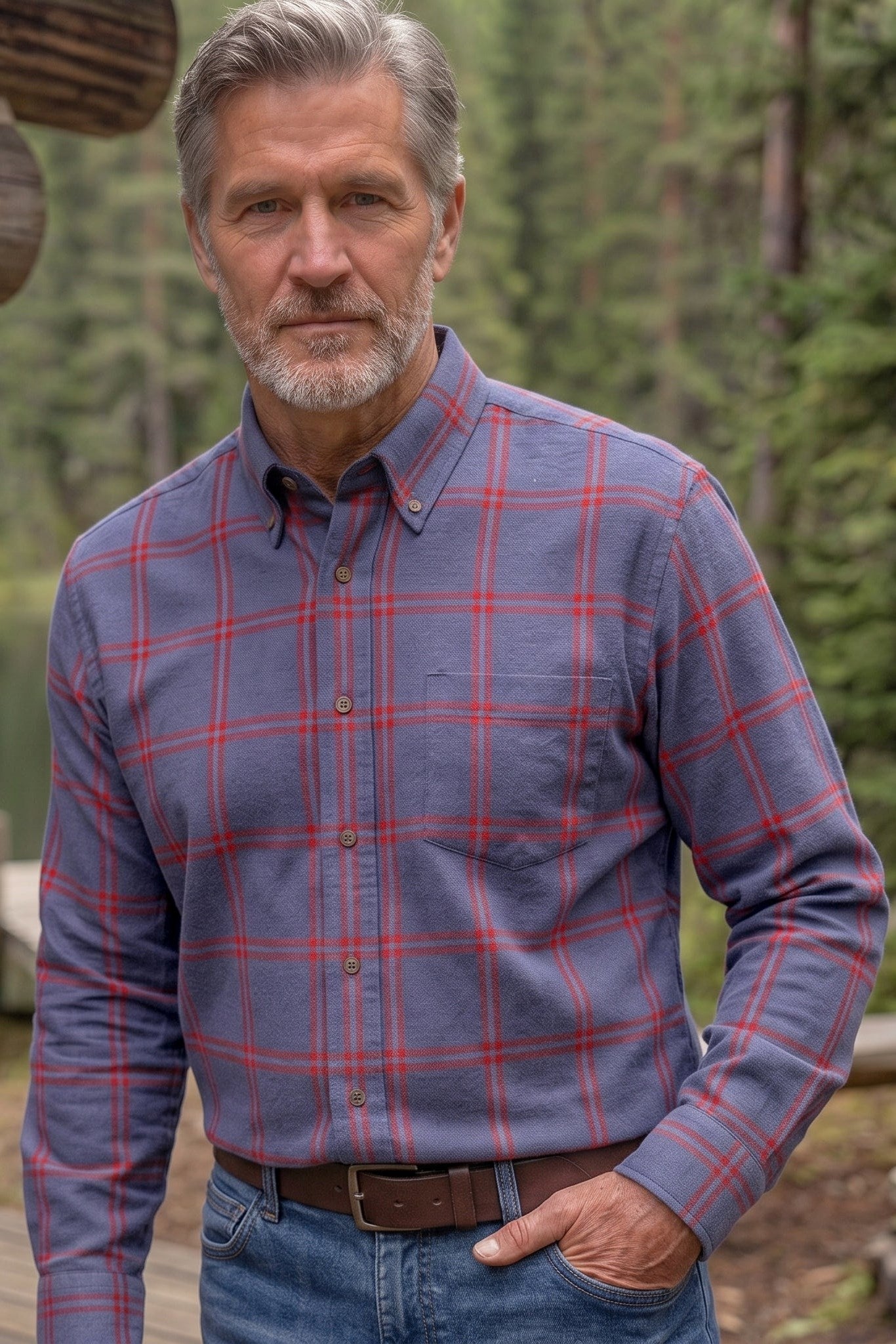 Blue and Red Windowpane Check Cotton and Wool Blend Button-Down Shirt by Viyella
