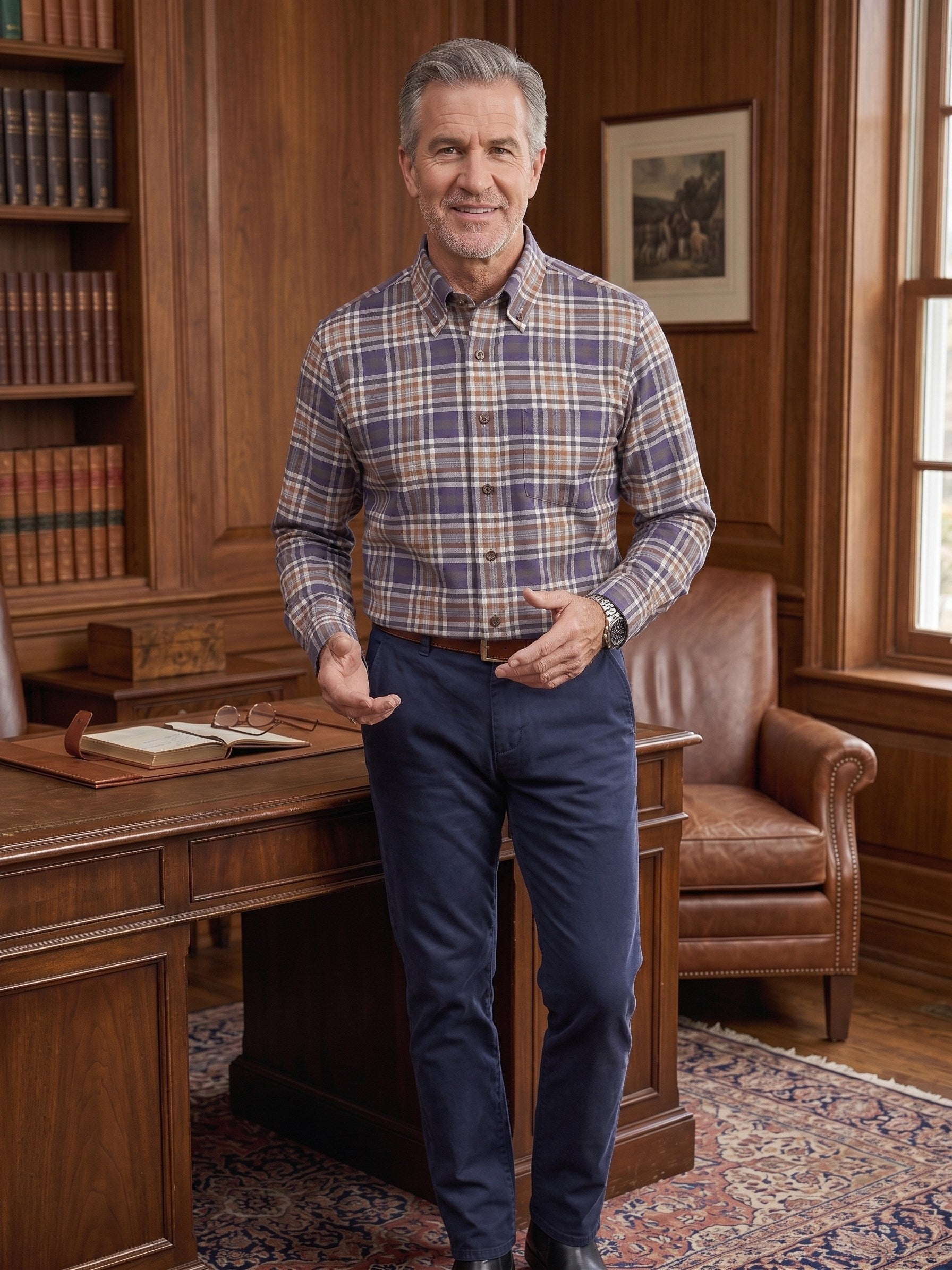 Purple, Camel, and Grey Plaid Cotton and Cashmere Blend '1894 Authentics' Button-Down Shirt by Viyella