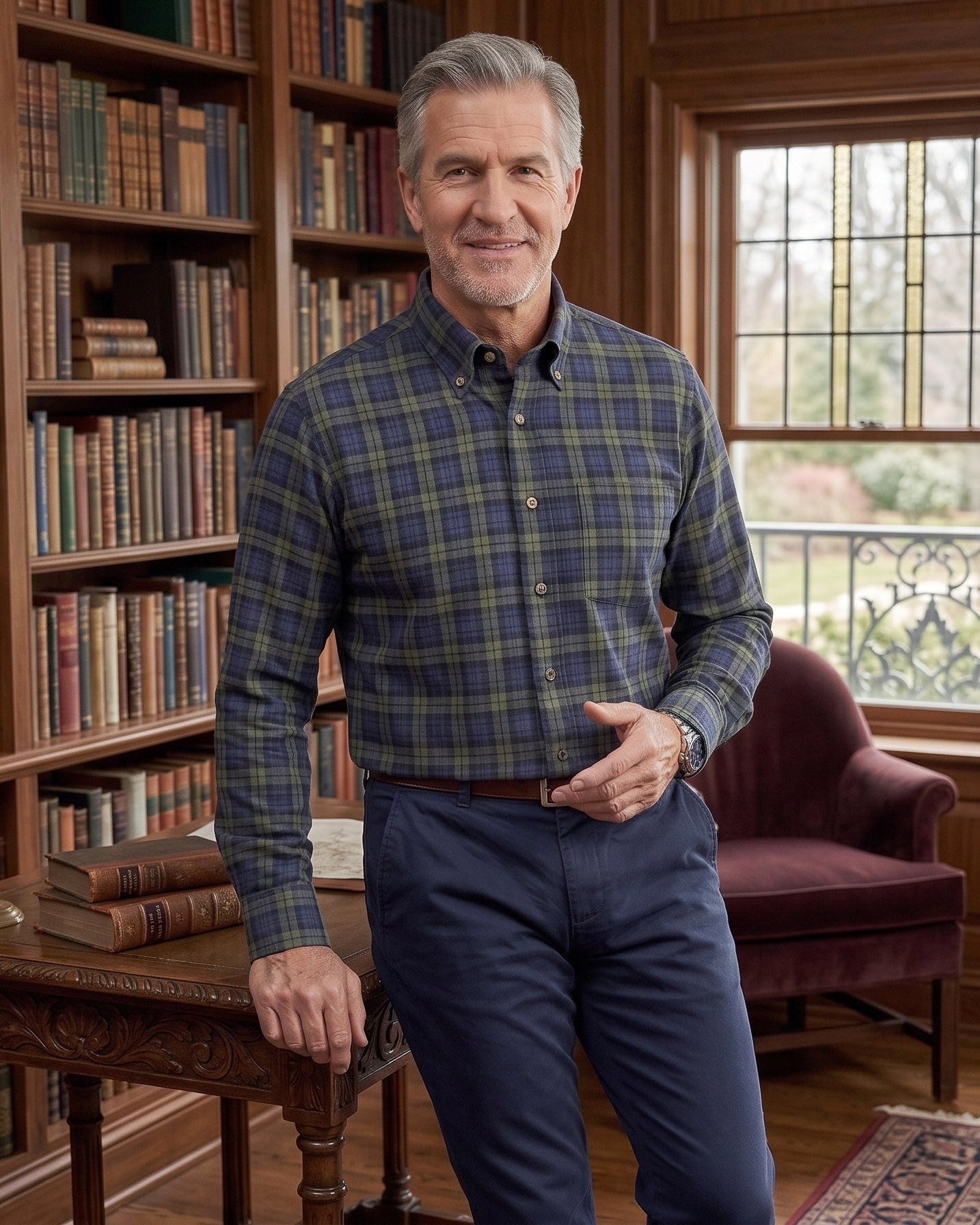 Navy and Green Plaid Cotton and Cashmere Blend '1894 Authentics' Button-Down Shirt by Viyella